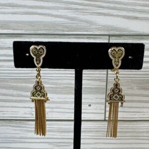 Vintage Gold Tone Damascene Clip On Earrings - Lightweight Dangle Earrings